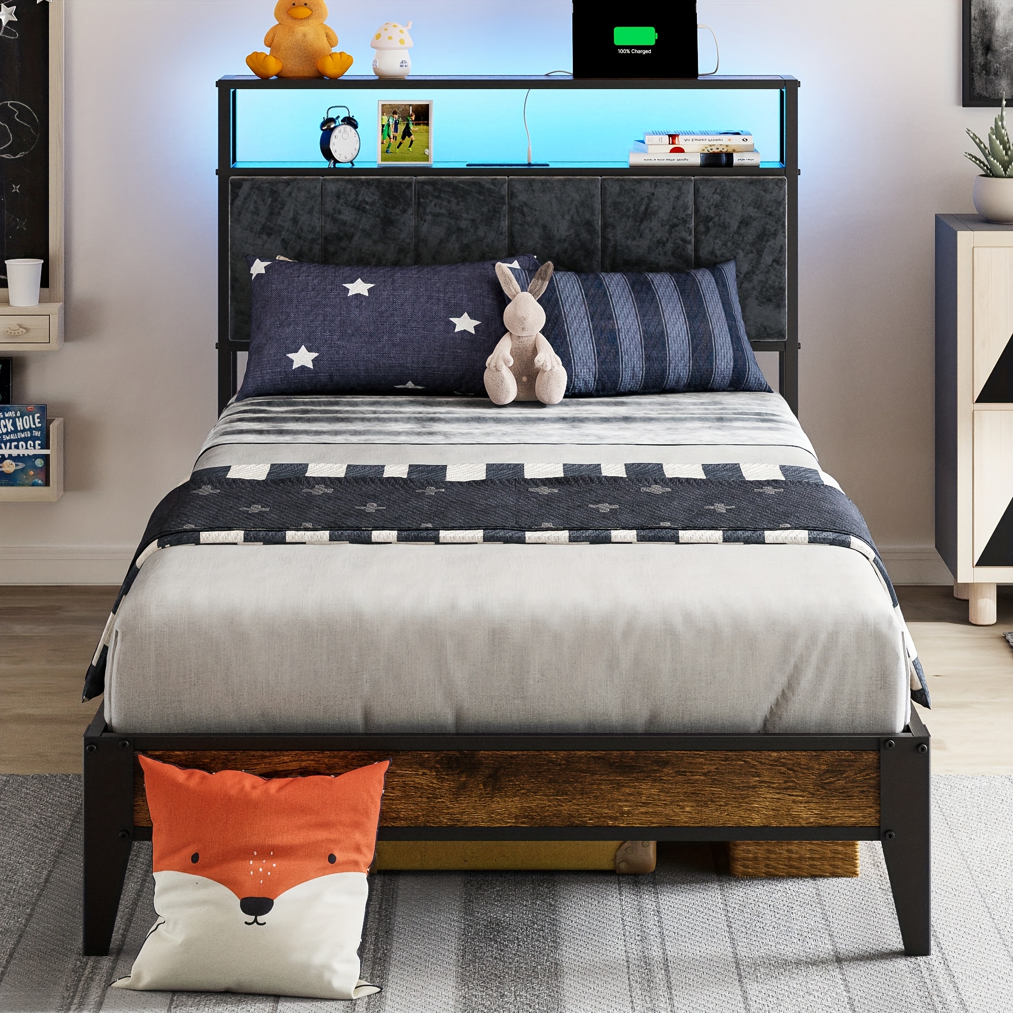 TEMU Metal Bed Frame With Headboard, Storage Shelves, Led Lights And Type-c Charging
