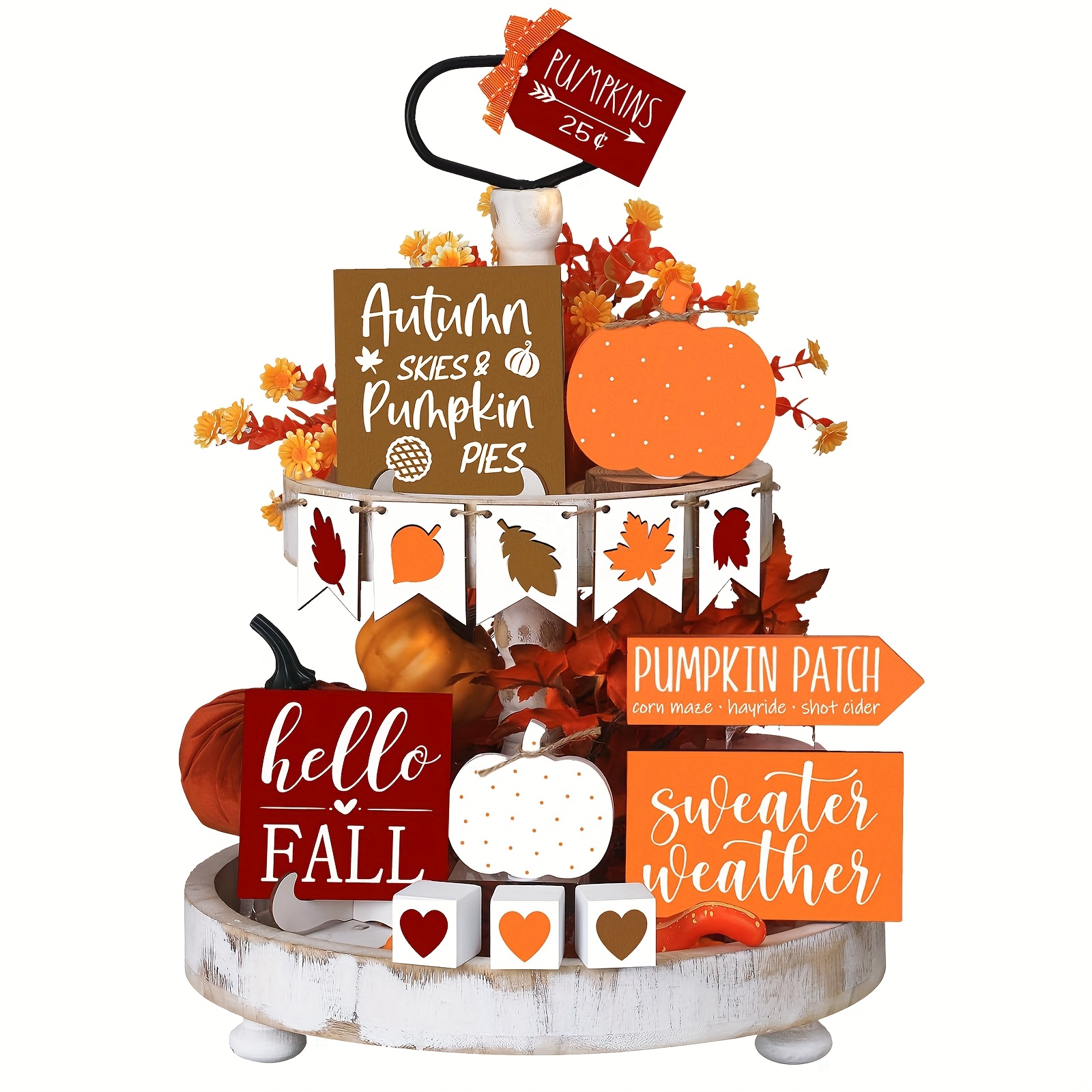 TEMU Halloween Christmas 15pcs Autumn Tray Decoration Collection - Featuring Rustic Block Signs With Pumpkin, Maple Leaf, Heart, Polka Dot, And