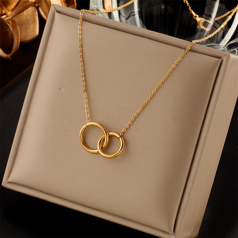 Image of Elegant Golden-tone Stainless Steel Double Ring Pendant Necklace – Minimalist Interlocking Rings Design, Daily Wear Jewelry For Men And Women