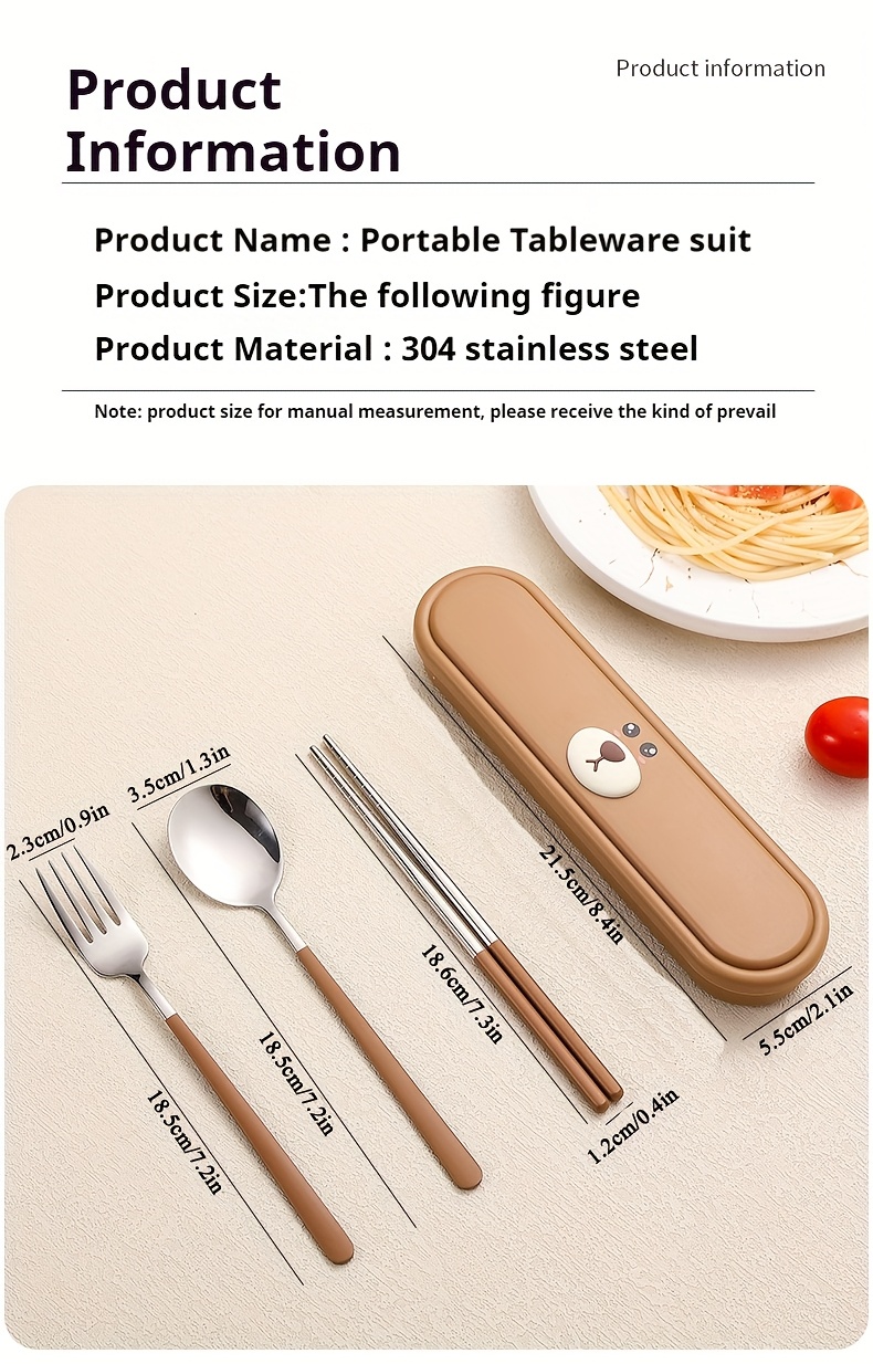 portable cutlery set with box 2pcs set and 3pcs set stainless steel reusable tableware with   and chopsticks lunch box cute cartoon     bear style storage box suitable for lunch   picnic workplace and travel Product details 7