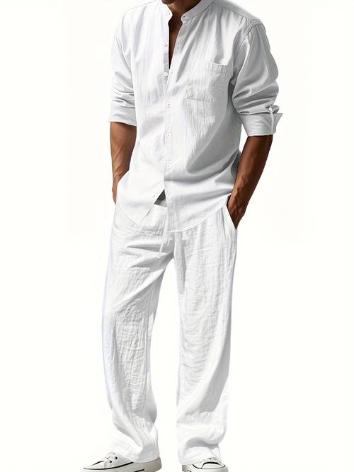 1 Set Men s Fashion Casual Sporty Long Sleeve Henley Shirt & Pants Outfit | 1 Solid Color Henley Shirt and 1 Pair of Solid Color Joggers | Fabric (95% Linen, 5% Polyester) | Essential Streetwear | Soft, Light Beige-Friendly, | Indoor & Outdoor Activities | Spring/Autumn Wear