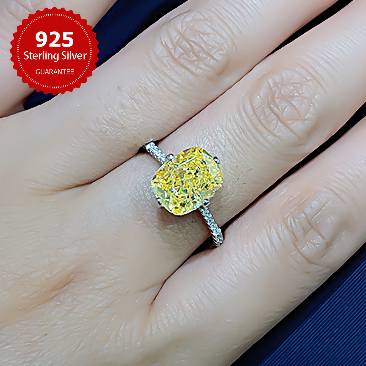 S925 Silver Lemon Yellow Square Ring, High-End Gift