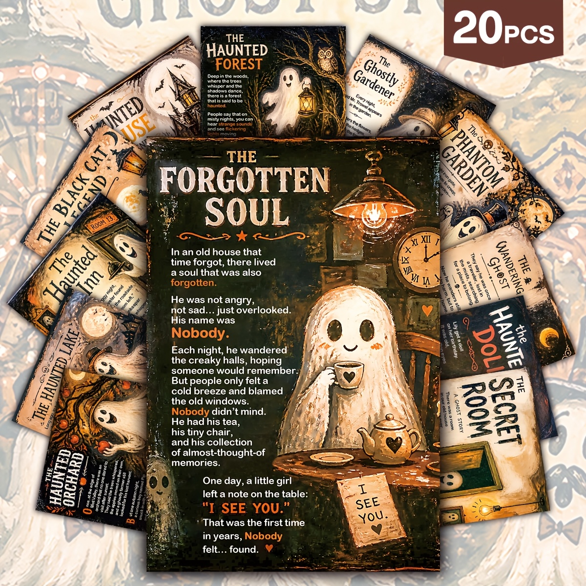 TEMU 20pcs Vintage Fantasy Halloween Story Gift Cards, 4x6inch Spooky Tale Art Decorative Card With Eerie Doll & Illustrations - Dark Home Wall