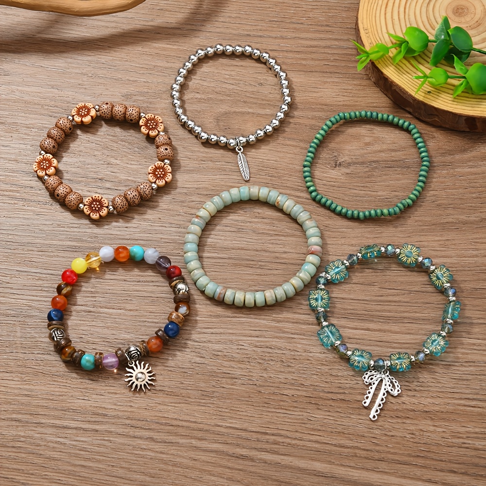 TEMU New Colorful 6pcs Set Of Women's Stacked Bracelets With Alloy Bow, Feather, And Sun Pendant Beaded Bracelets