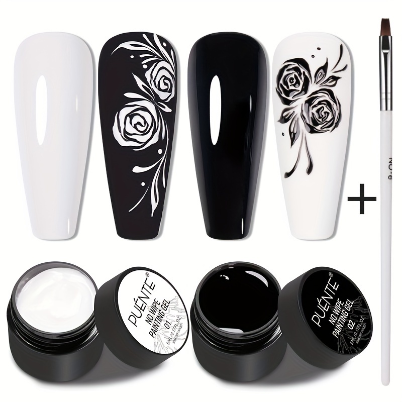 Image of Puente 3pcs/set No Wipe Painting Gel With Nail Brush, Solid Black Gel Liner Gel Apply Nail Powder For Nail Art Drawing, Soak Off Led Nail Varnish Manicure For Home Or Nail Salon Use