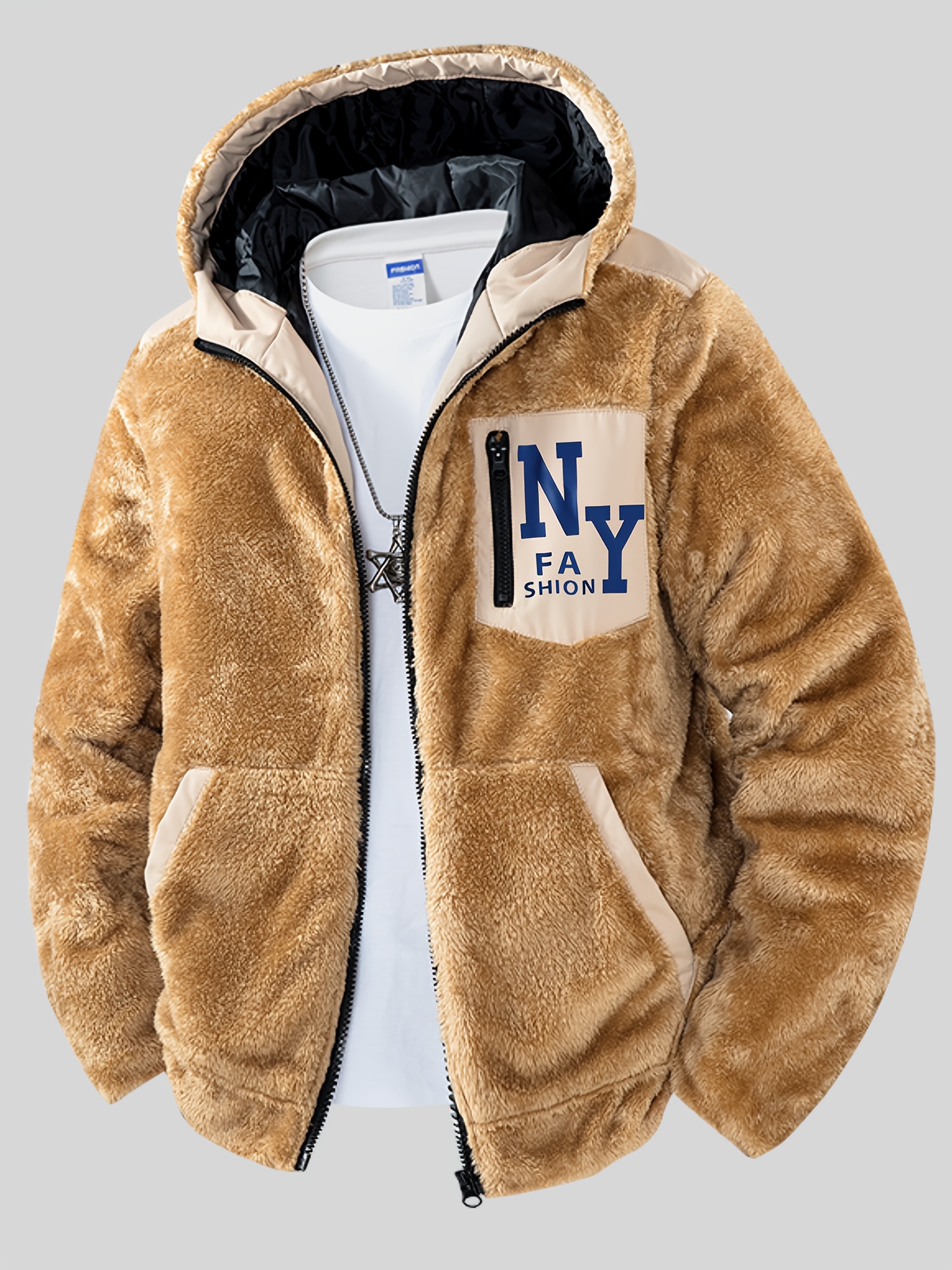 everyday casual mens   fur hooded jacket with ny letter print soft comfortable and stylish for   perfect valentines gift for him