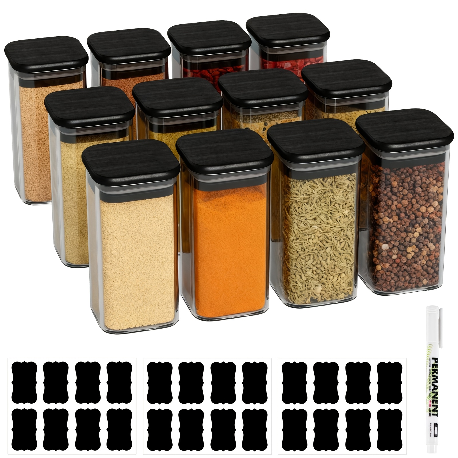 TEMU 12pcs Set Of 350ml Square Glass Spice Jars With Lids And Waterproof Labels Airtight Kitchen Storage Containers For Organising Herbs, Spices,