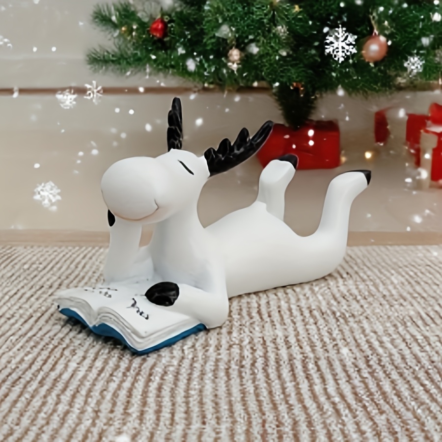 Image of 1pc Cartoon Reindeer Statue, Resin Craft, Christmas Deer Ornament, Christmas Decoration, Reading Reindeer Statue