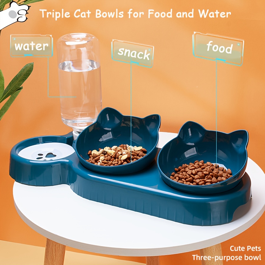 

2-in-1 Raised Double Cat Bowls With Automatic Drinking Bottle, Tilted Design Cat Feeder Food And Water Bowl Set