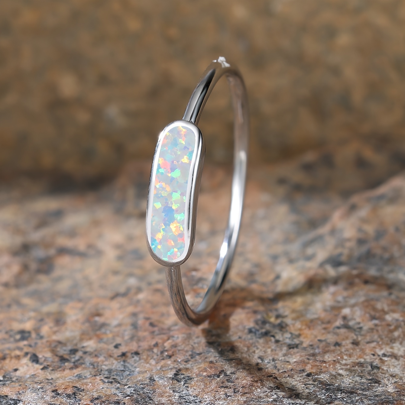 Women's 925 Silver Rectangular Synthetic Opal Ring, Fashionable
