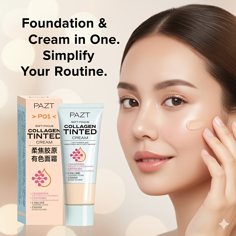 The PAZT Soft-Focus Collagen Tinted Cream Combines The Functions of a Moisturizer, Primer, And Foundation. It Contains Precious Collagen And Moisturizing Essence, Instantly Concealing Pores And Imperfections, Evening