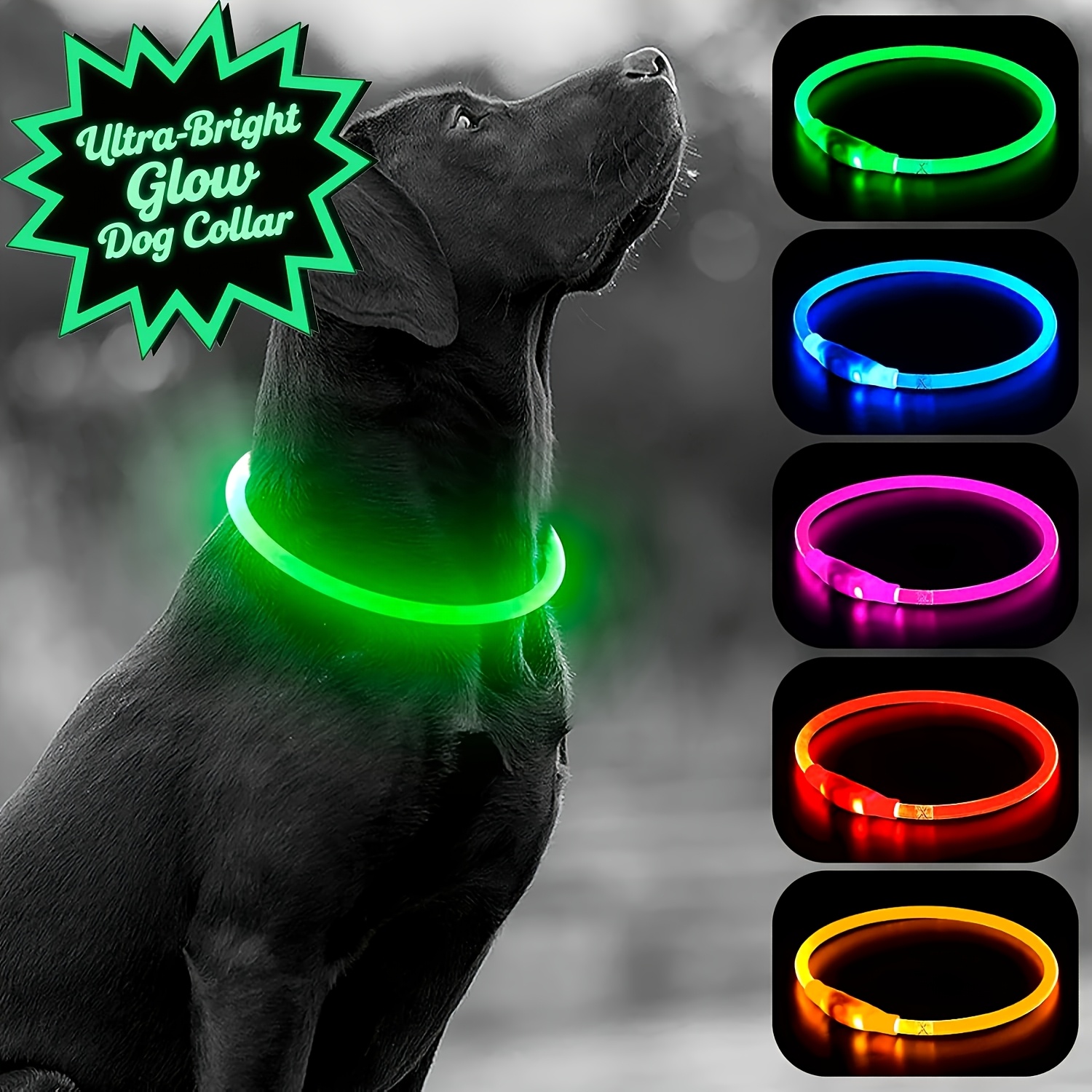 TEMU Usb Rechargeable Led Dog Collar - Light Up Adjustable Pet Collar With 3 , 360° Glow For Small/medium/large Dogs - Tpu Cuttable Puppy Collar For Night Walking, Running, Hunting, Your Dogs At Night