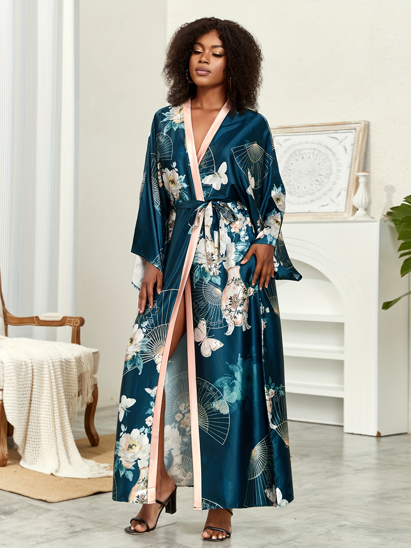 Long good Sleeve Floral Kimono Robe