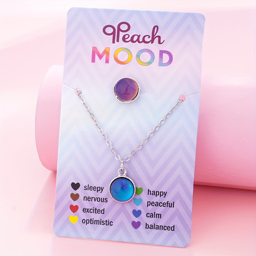 TEMU 2pcs Cute Cat Unicorn Thermochromic 3d Pendant Necklace & Adjustable Ring, Round & Heart Pendants, Fashionable Delicate Accessories For, Perfect