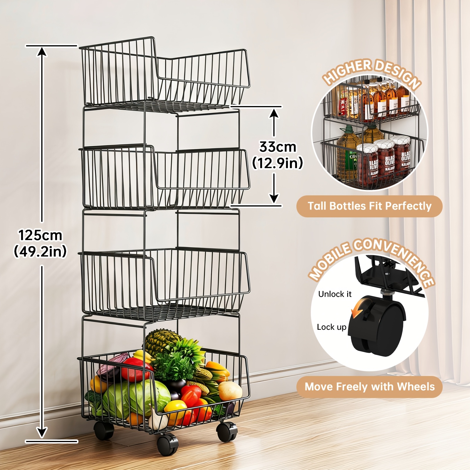 Four-Tier Elevated Stackable Basket Cart for Kitchen Supplies