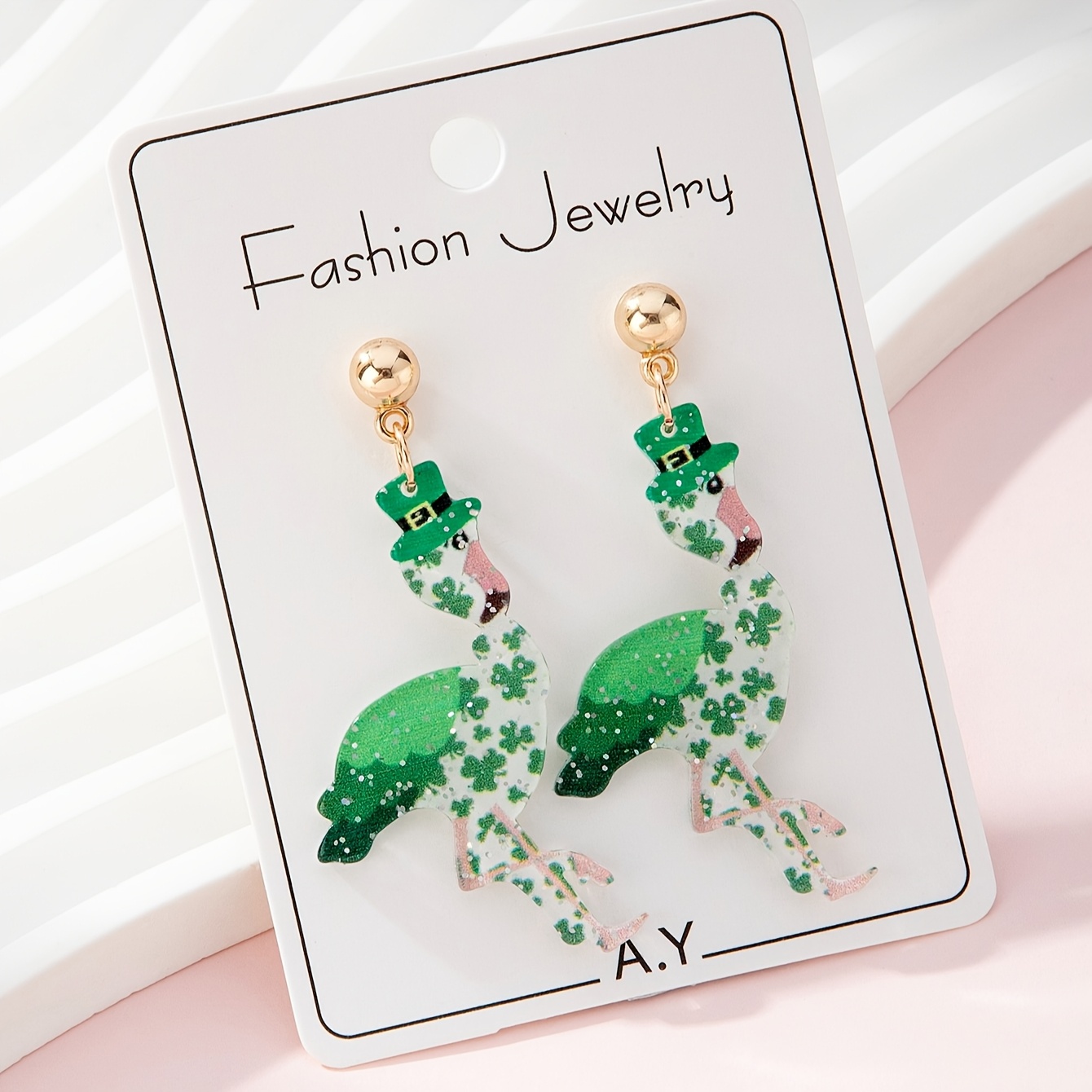 

1 Pair 's Day Flamingo Printed Green Hats With Clover Design, Fashionable Dangle Earrings For Women, Acrylic With Alloy Posts, Cute Party Accessory For All