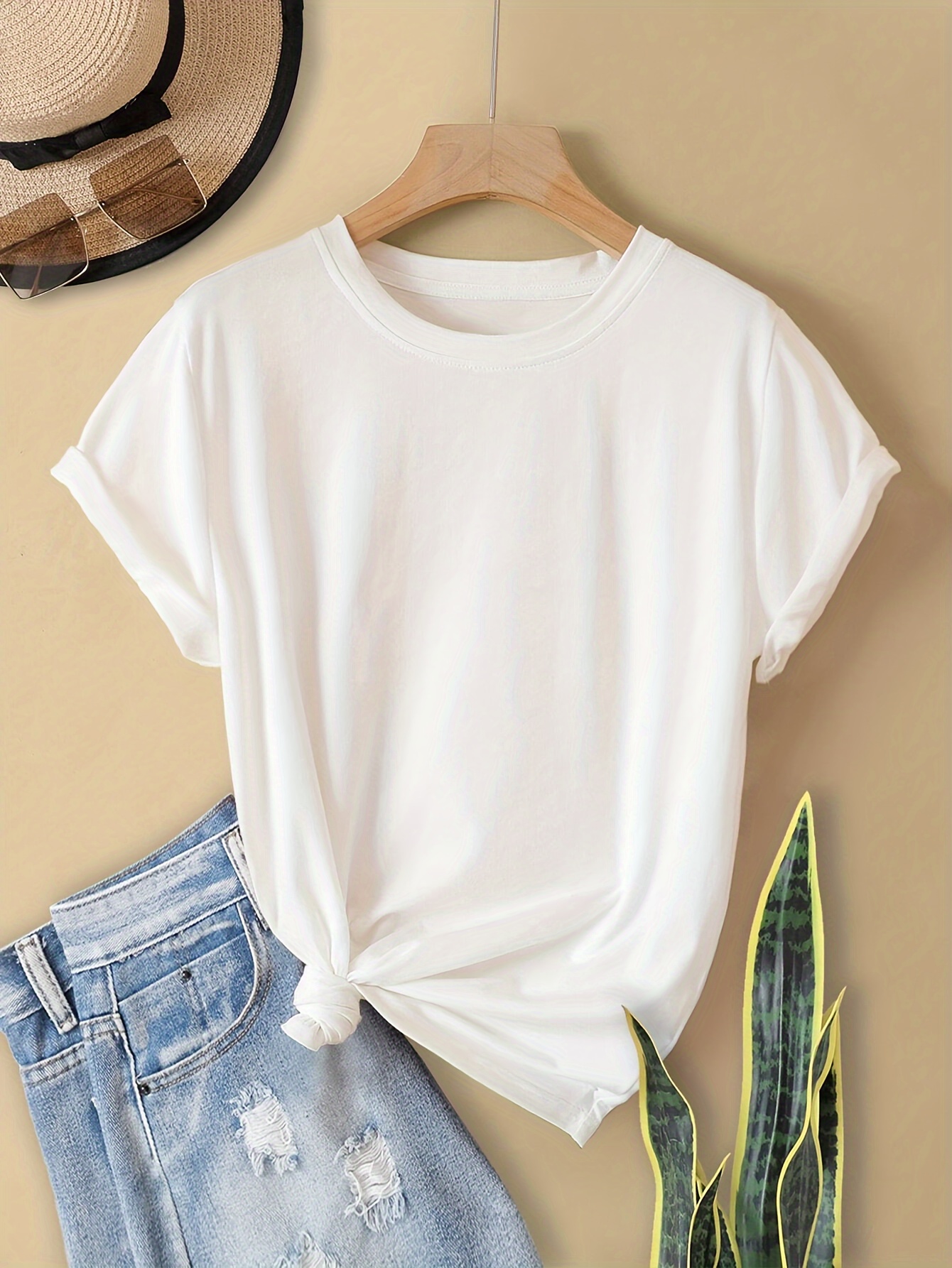 Classic White Round Neck T-Shirt for Women - Versatile & Comfortable Polyester Blend, Easy Care, Knot Detail, Summer Essential