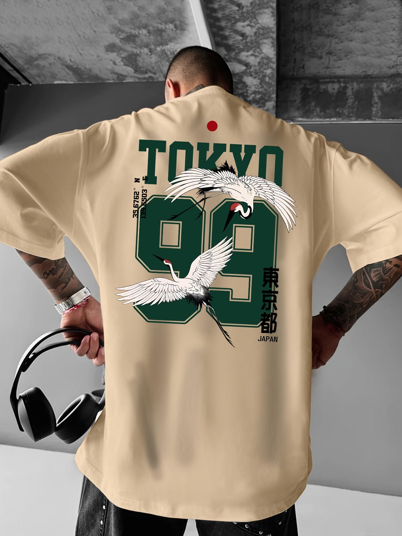 mens street style graphic t shirt tokyo 99 crane design - Temu Oman