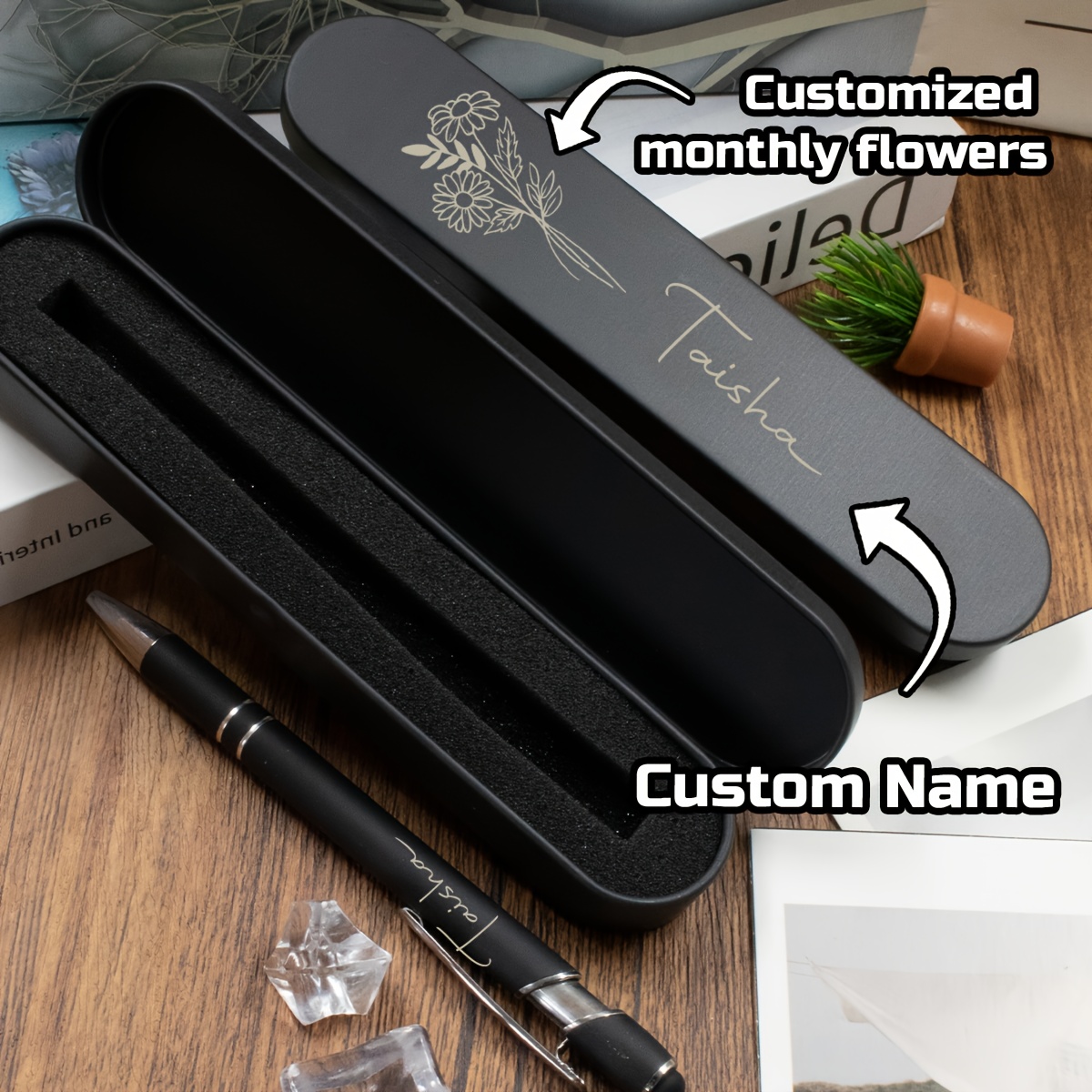 Image of [customization] High-quality Personalized Ballpoint Pen Set (customizable Engraving Of Birthday Flower And Name, Set Includes Custom Pen Case), Personalized Teacher Pen, Gender-specific Pen