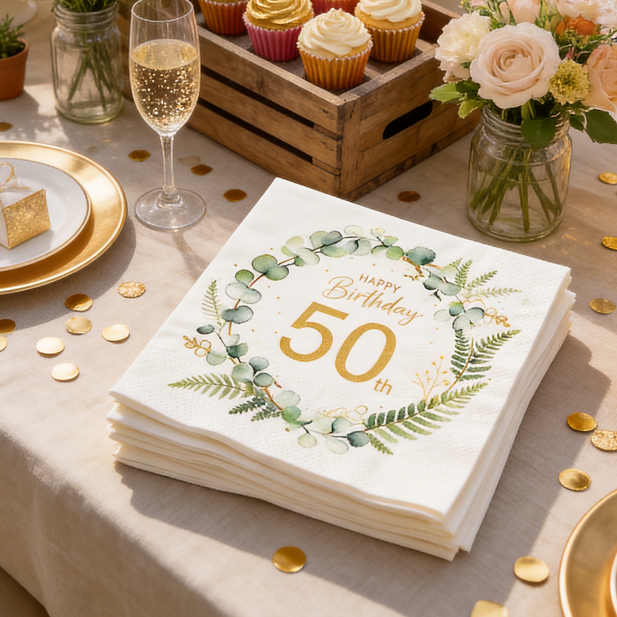 TEMU 20pcs 50th Happy Birthday Napkins With 2-ply Green Leaf Garland Napkins 50th Anniversary Cocktail Napkins Decorations For Men And Women And