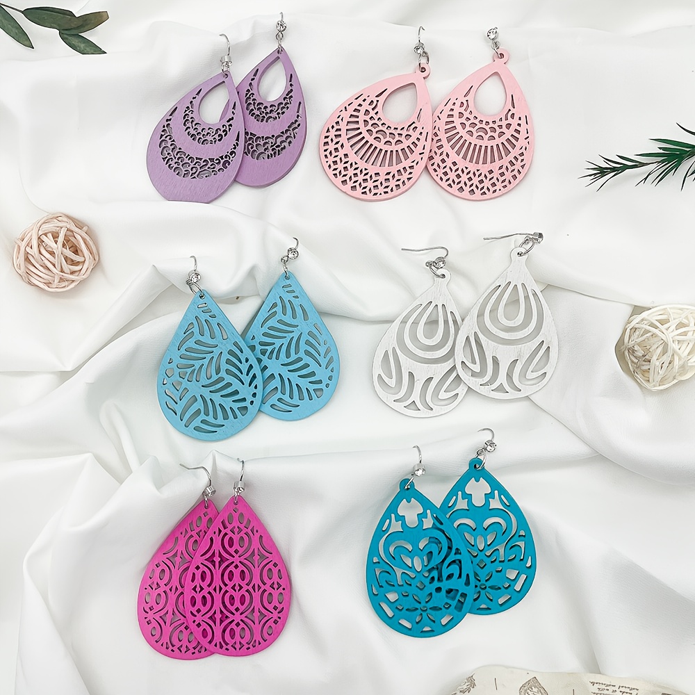 6 Pairs Ethnic Style Wooden Hollow Pendant Earrings Set