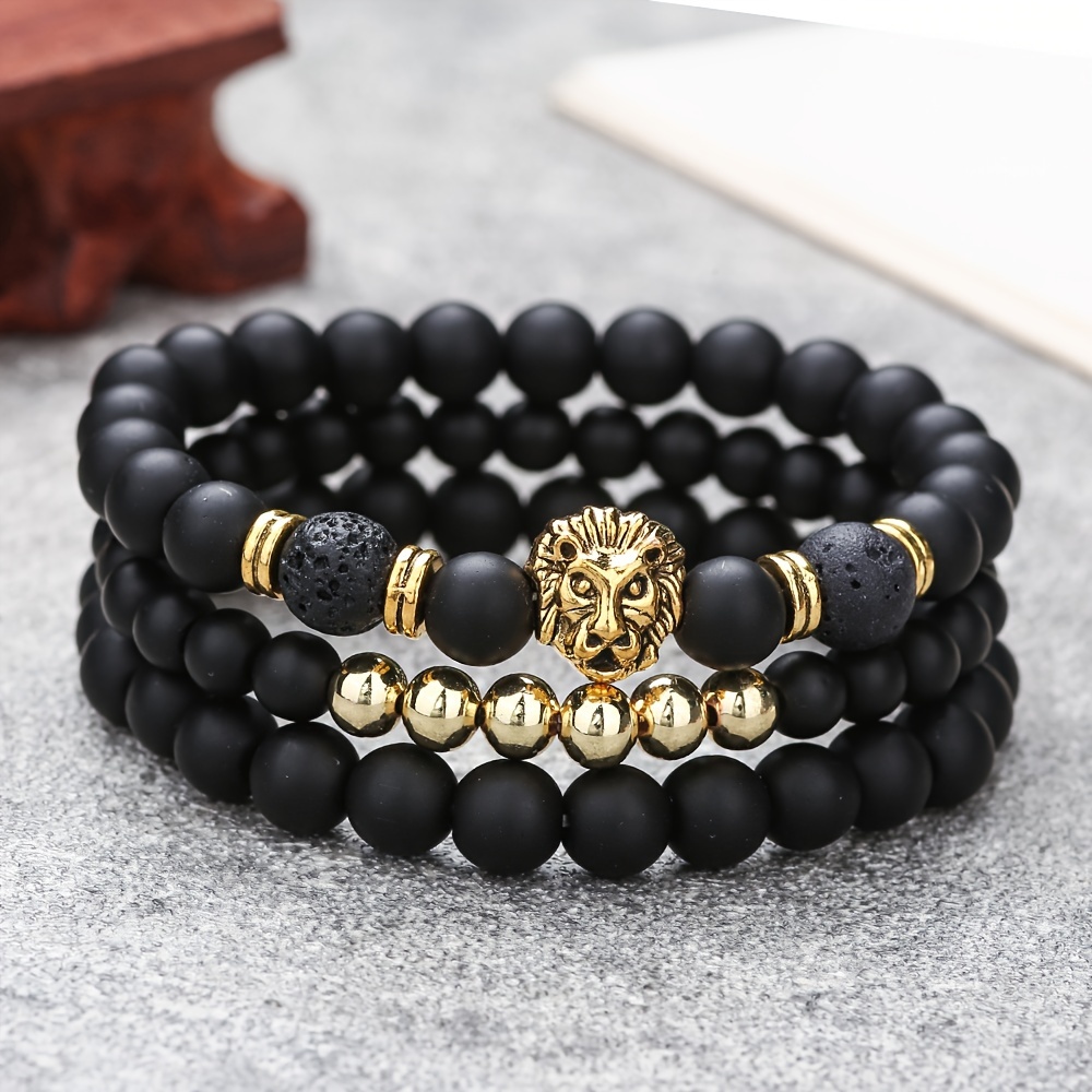 

3pcs Lion Frosted Stone Beaded Bracelet, Blessing Bracelet, Suitable For Daily Gift Wearing