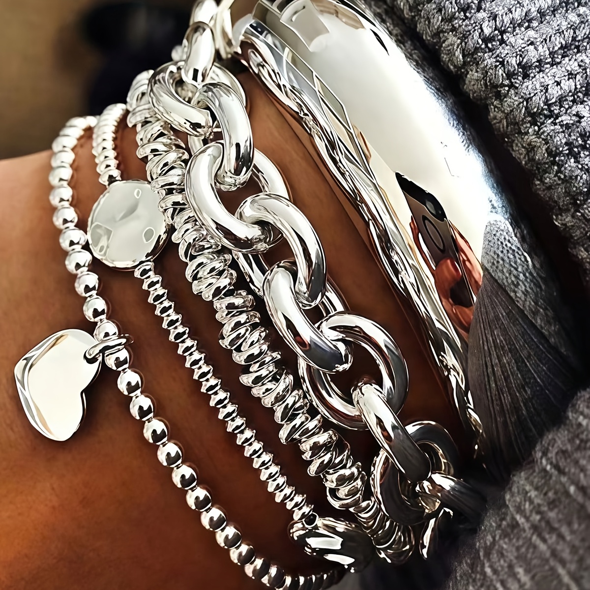 TEMU 5pcs Set Alloy Ccb Stretch Handmade Pendant Bracelet Bangle Stackable Set, Trendy Heavy Multi-element Bracelet Set, Heart Tag Cuban Link Chunky