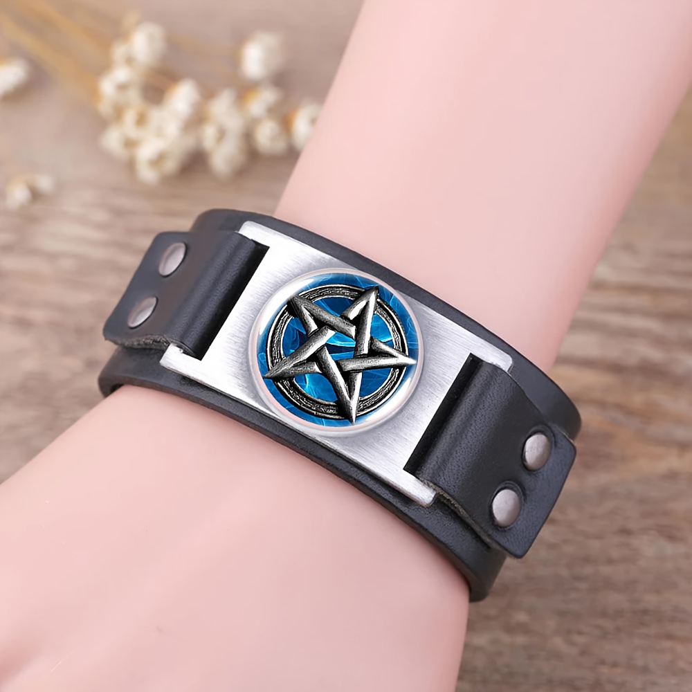 Black Faux Leather Unisex Bracelet with Colored Glass Base