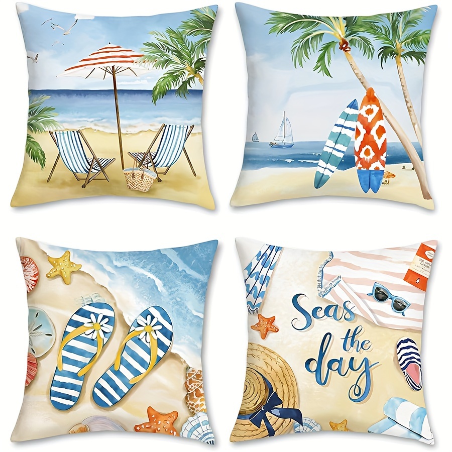 

4pcs/set Summer Beach Pillow Set 45x45cm Starfish Surfboard Palm Tree Seaside Landscape Decoration Pillow Sofa Bed Home Decoration No Pillow Core