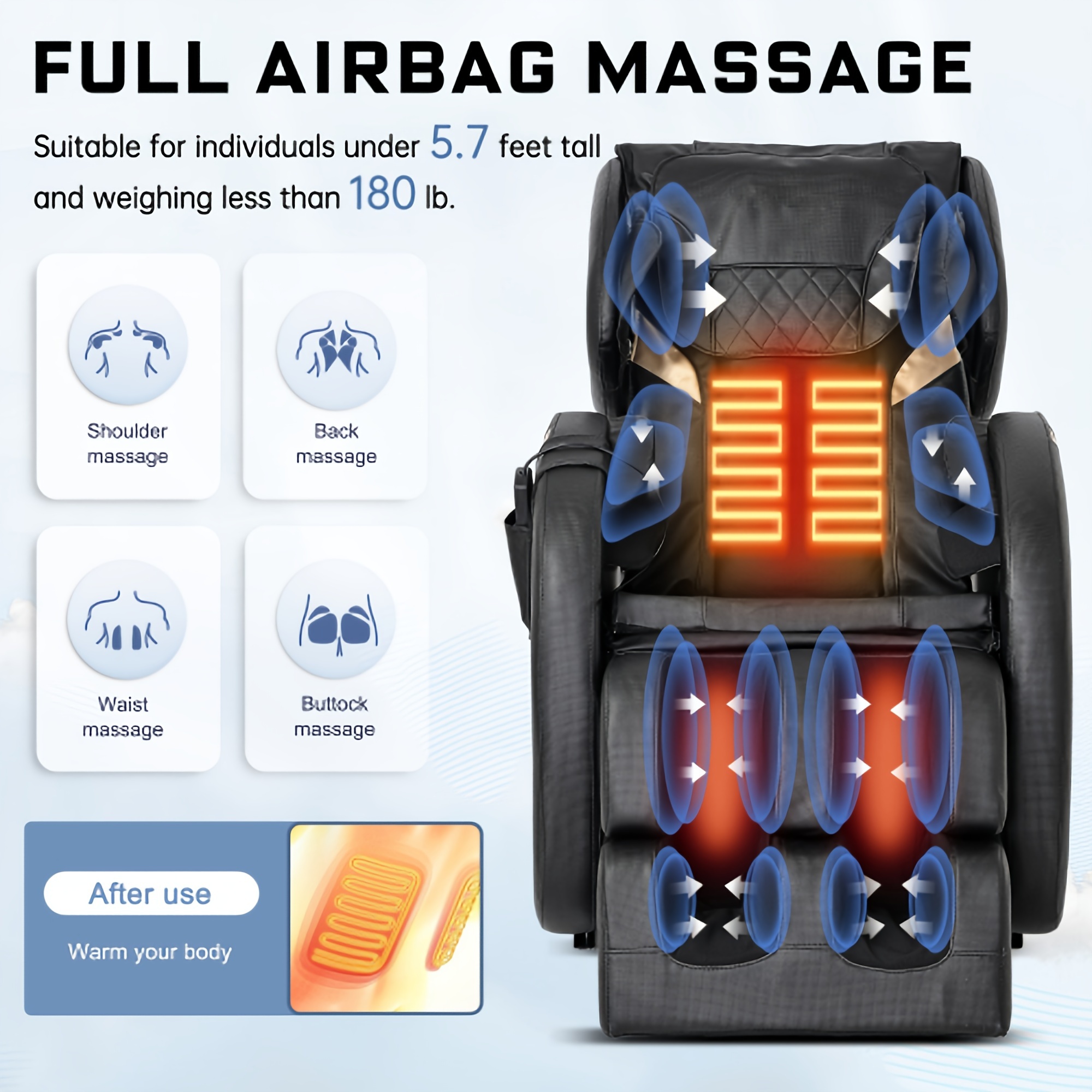 massage chair recliner with zero gravity with full body air pressure recommended height and weight it is recommended for people weighing less than 180 pounds and no taller than 5 7 feet to use details 4