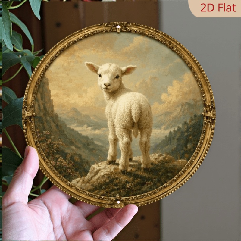 TEMU 2d Flat, [2d Flat] 2d Flat Round Decorative Lamb Metal Art Plaque, Ornate Floral Framed Lamb Portrait, Outdoor Garden Farmhouse Wall Decor,