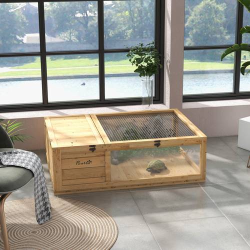 natural wood tortoise house with mesh roof ramp two level habitat with ramp ventilated design easy clean removable base for small reptiles turtles lizards geckos durable for indoor outdoor use