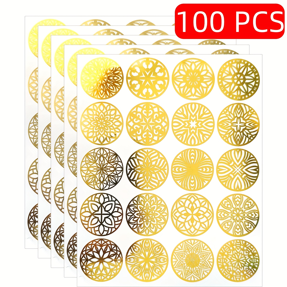 Image of 100/200pcs Golden Mandala Circle Stickers - 1.5 Inch Round Foil Seals With Geometric Floral Patterns For Scrapbooking, Gift Wrapping, Envelope Sealing And Packaging Projects