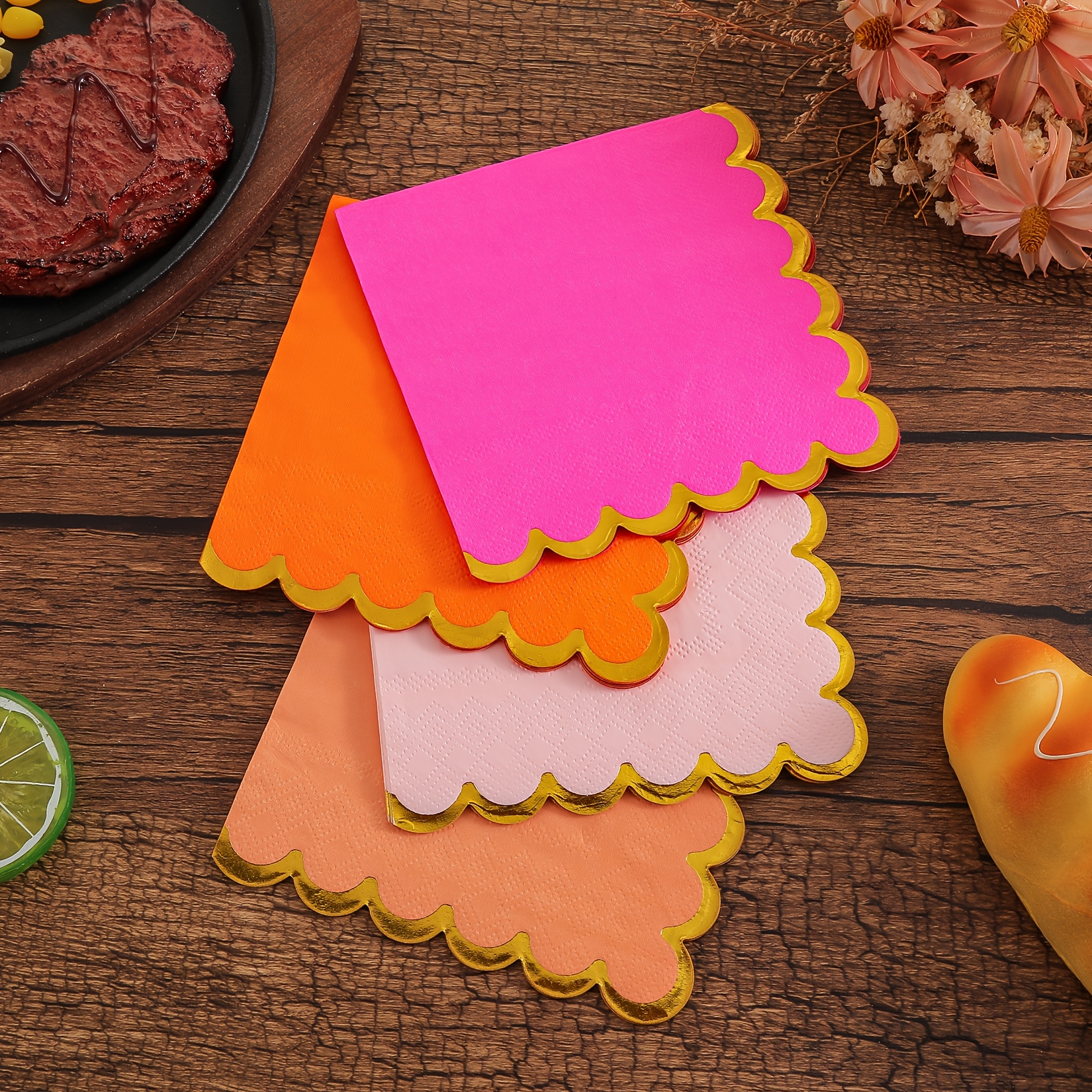 TEMU 16pcs Three-layer Thick Warm Macarone Wavy Party Napkin, Folding Size 4.9*4.9 Inches, Macarone Lace, With Delicate Bronzing Wavy Lace, Perfect