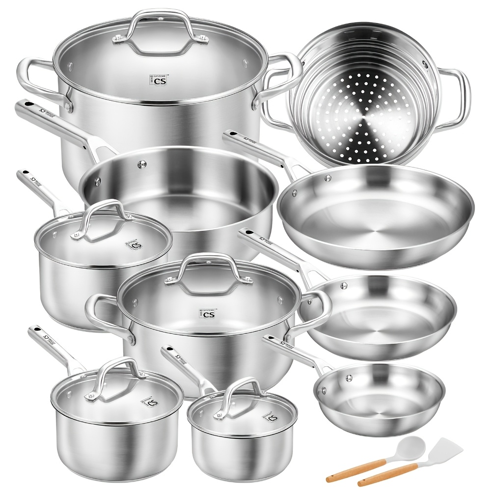 Image of 17pcs Stainless Steel Cookware Set, 17pcs Pots And Pans Cookware Set, Stainless Steel Pots And Pans Set For Kitchen Cooking, Stainless Steel Cookware Set For Family, Oven And
