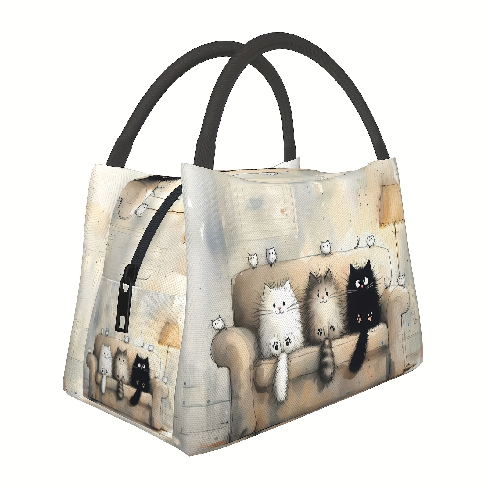 

Kawaii Cat Print Insulated Lunch Bag - Polyester Rectangle Tote With Animal Theme, Hand Washable, Portable Reusable Cooler For Picnic, Beach, Hiking, Office, School - Unisex