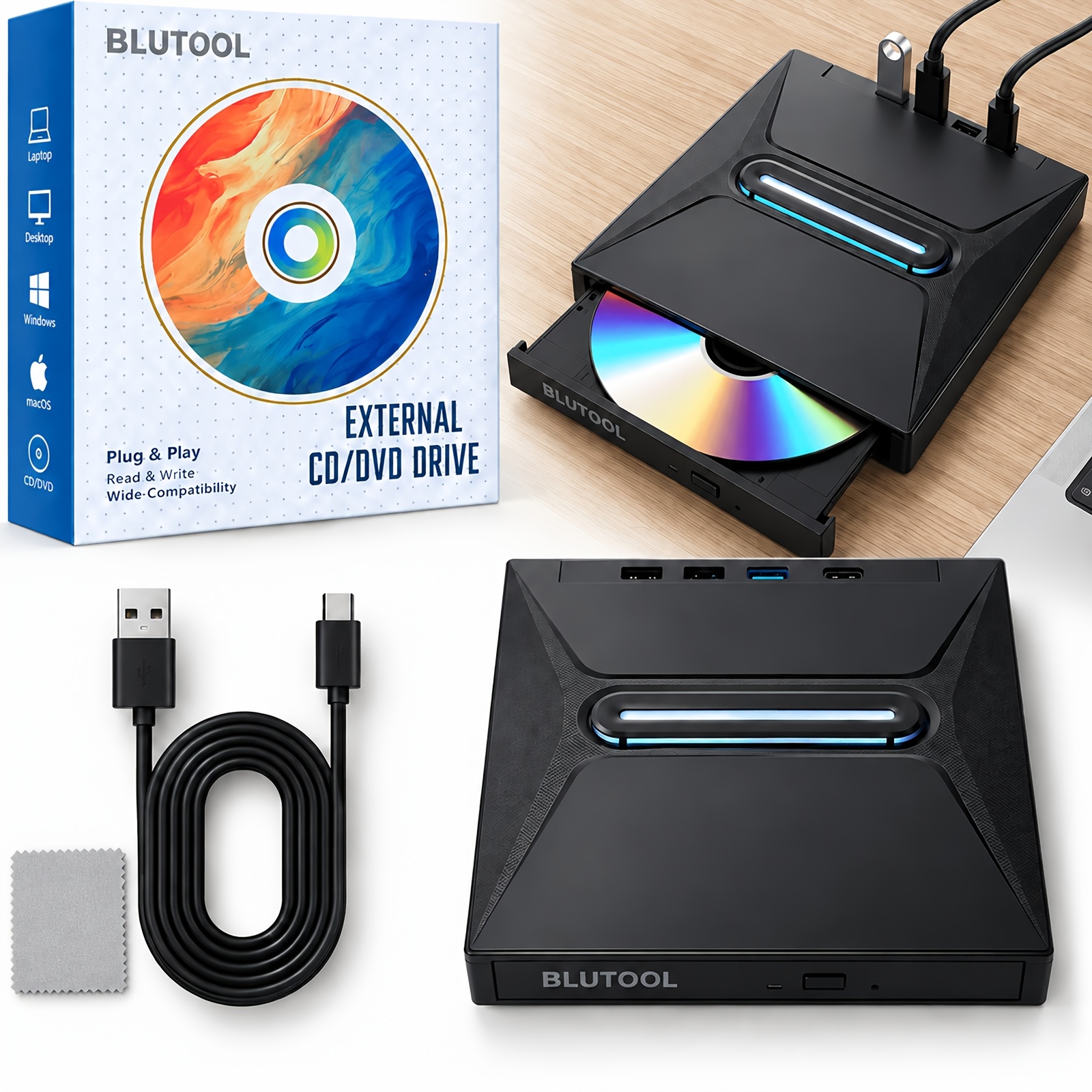 Image of -the-dark External Cd Dvd Drive, Usb 3.0 Type-c Portable Cd/dvd +/-rw Burner With 3 X Usb Ports, Tf/sd Card Reader, Compatible With Laptops Desktops Pc Windows Operating Systems Home & Christmas Gift