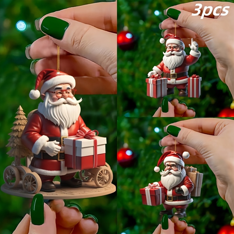 

3pcs Mini Santa Claus Acrylic Ornaments - 2d Flat Christmas Tree Hanging Decorations For Home And Outdoor Celebrations, No Power Or Battery Needed, Featherless