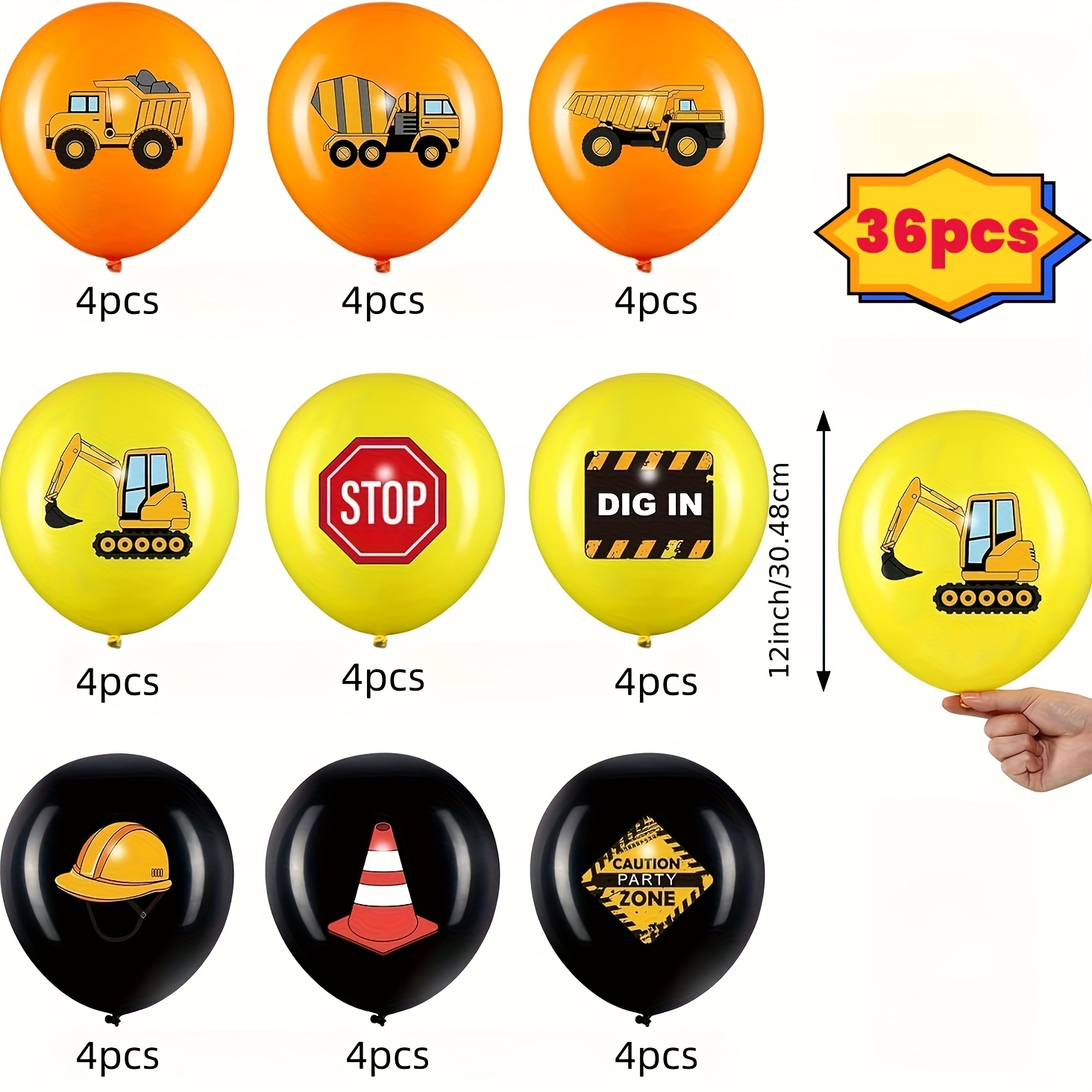 Construction Balloons, 12 Inch Yellow Balloons,excavator Helmet Warning Printed Latex Balloons For Construction Party Birthday Truck Theme Shower Boys Party Supplies