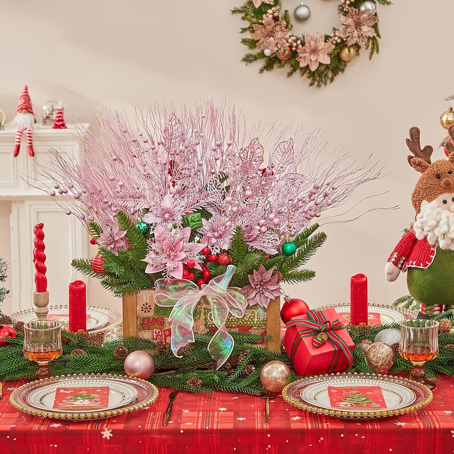 TEMU Lot de 6 Picots pour Sapin de Noël Artificiel - Picots de Noël de 17 pouces ( 43,1 cm) et Tiges Artificielles Roses Pailletées de en Spray,