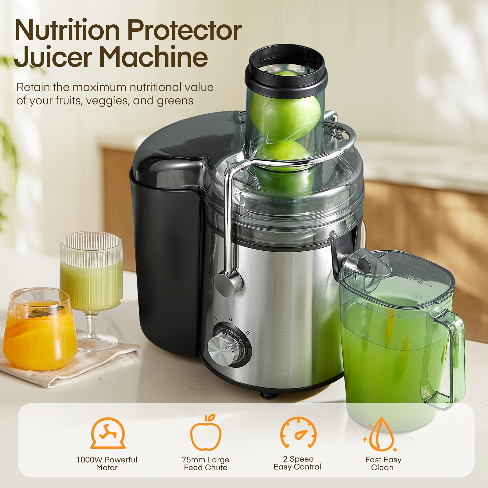 75mm Stainless Steel Juicer with 2-Speed Adjustable Settings, 800W High-Power Whole Fruit And Vegetable Juicer Machine with Anti-Drip Spout, Juice Booklet, And Brush for Easy Cleaning, Kitchen Appliance, Modern Kitchenware, Durable Construction