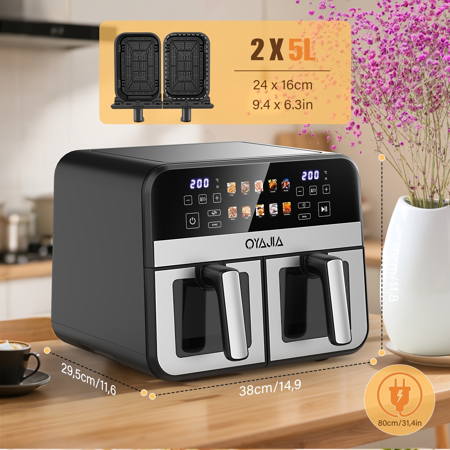 10L Dubbele Mand Airfryer Oven met Easy View Windows, Sync Finish, Hi-Fry, Auto Shutoff, 2 Onafhankelijke 5L Anti-aanbak Frituurmanden, Digitale Dubbele Air Fryer, Snelle & Gemakkelijke Maaltijden in Minuten, Met Digitale Timer en Schudherinnering