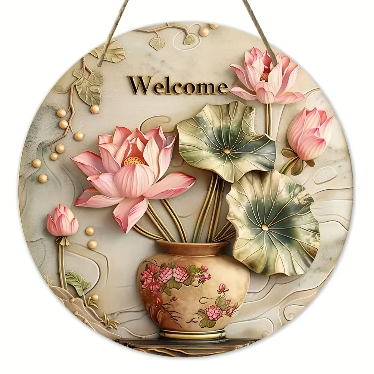 

1pc Lotus Flower Welcome Sign With Vase, Wooden , Home Decor For Front Door, Farmhouse Porch, And Housewarming Gift - Wall Hanging, No Power Needed