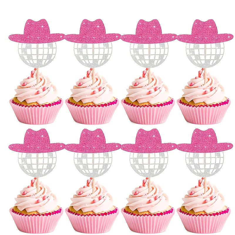 Image of 24pcs Disco Ball Cake Topper Cupcake Toppers Sparkling Disco Ball Cowboy Hat Cupcake Topper Western Disco Ball Paper Cupcake Topper Cowgirl Birthday Party Cake Decorations