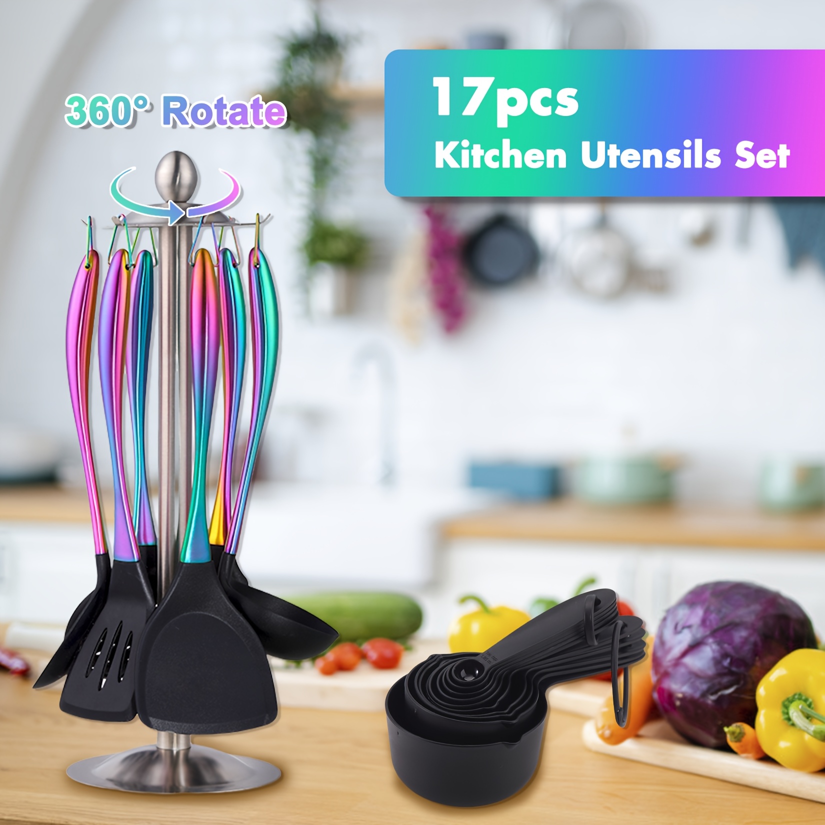 

17pcs Titanium Rainbow Kitchen Utensils Set, Silicone Cooking Utensils Set With Holder, Heat Resistant Silicone Utensils For Cooking, Spatula Set With Titanium Stainless Steel Handle, Skimmer, Ladle