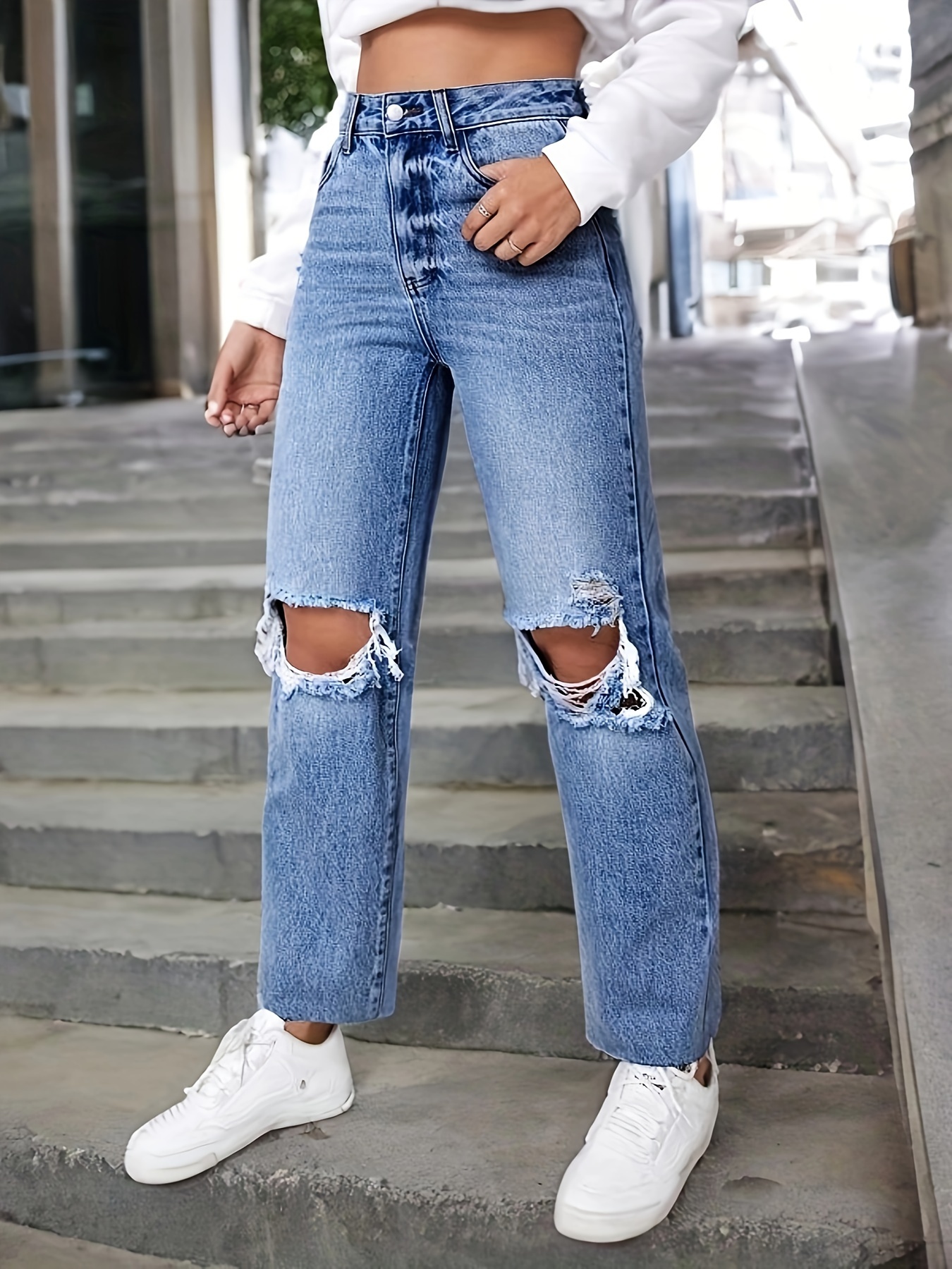 Ripped High * Light Wash Blue Denim Pants, Distressed Ripped-Butt Loose  Tapered Jeans, Women's Denim Jeans & Clothing