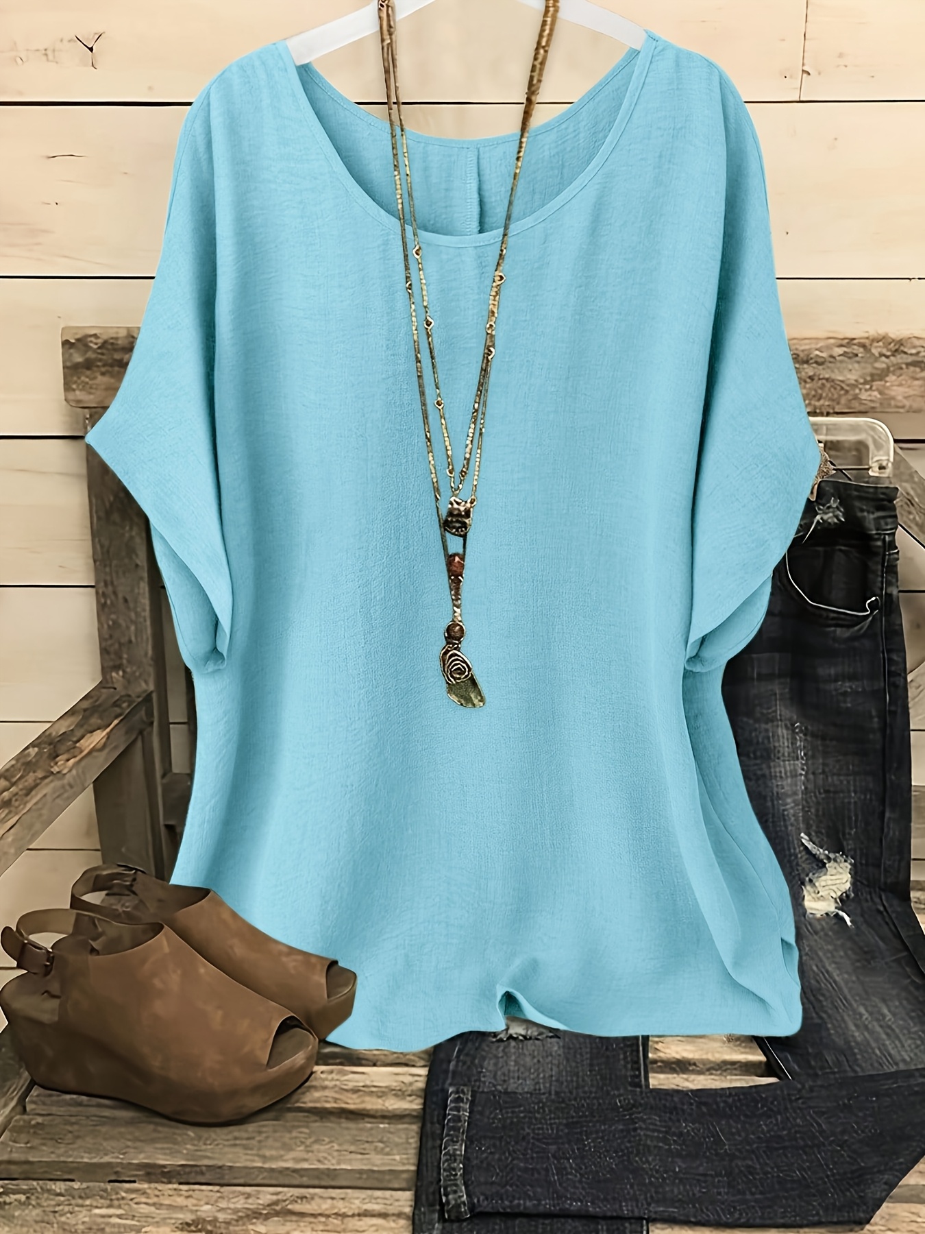 plus size plus size womens casual vacation solid color batwing sleeve shirt