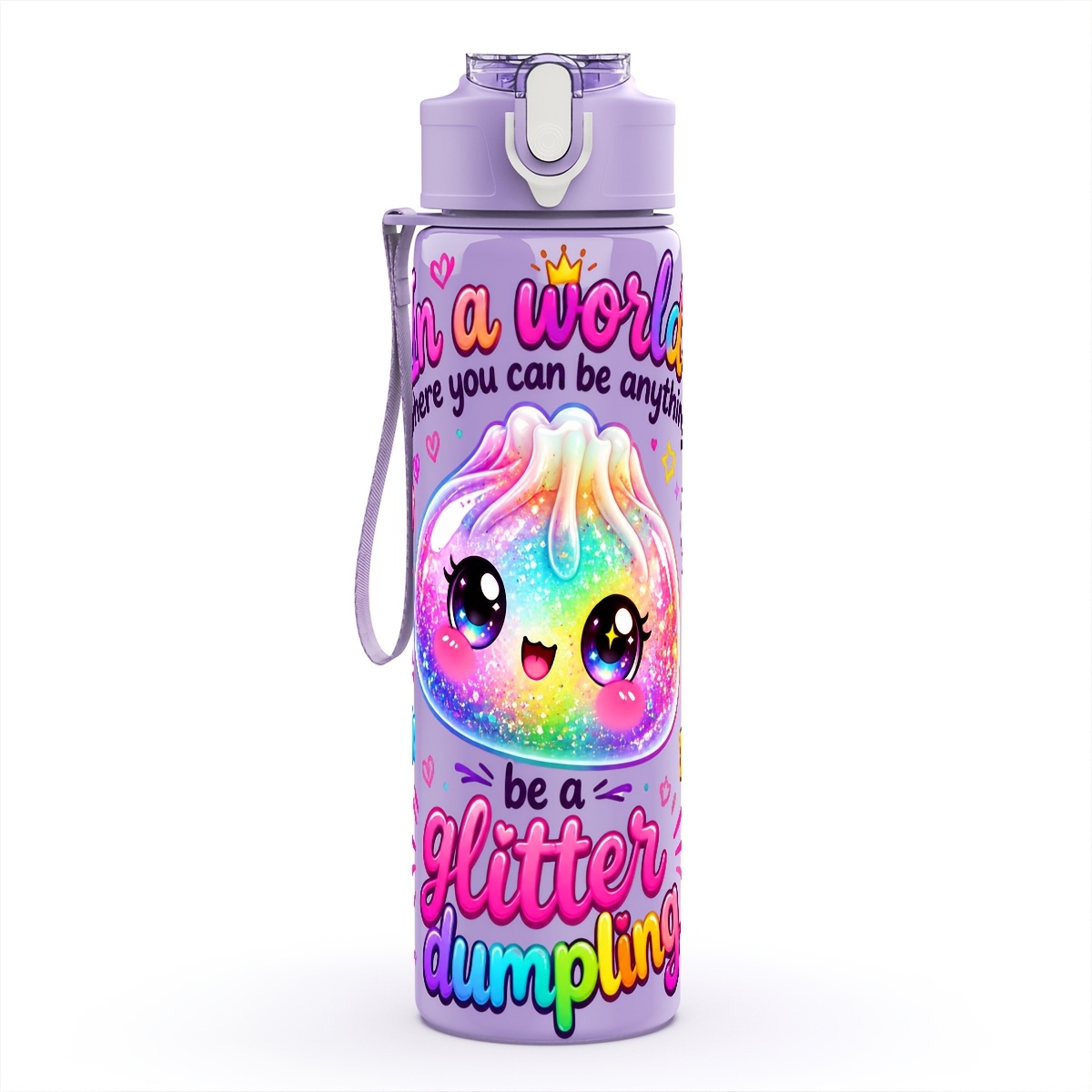 TEMU Plastic Water Bottle, Glitter-inspired Dumpling-themed Printing, Suitable For Holiday, Camping, Home, Leakproof Design, Durable, Portable