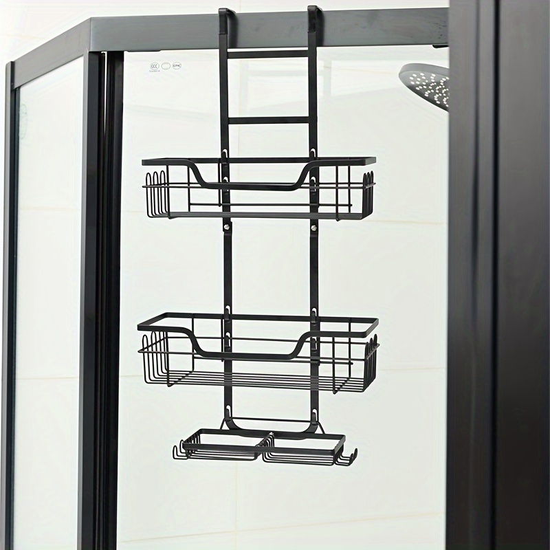 

1pc 3-tier Over-the-door Shower Caddy, Rust-resistant Hanging Storage Rack With Suction Cups, Bathroom Shower Basket With Hooks And Soap Dish, No Drilling Required, Black
