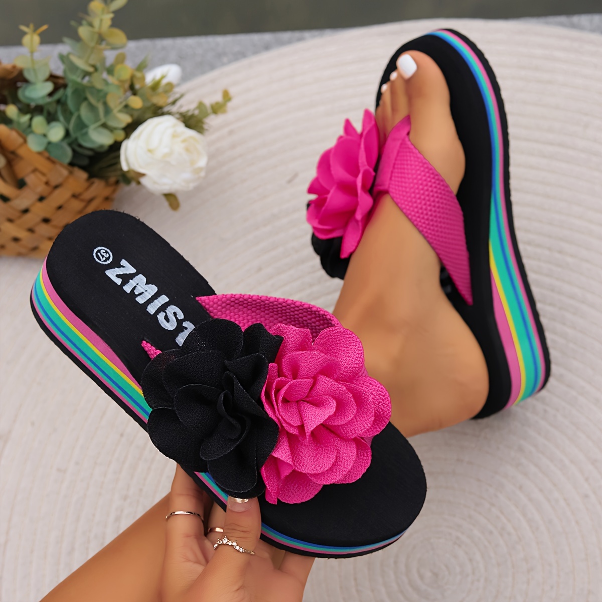 womens flower decor flip flops casual clip toe summer shoes comfortable slip on details 4